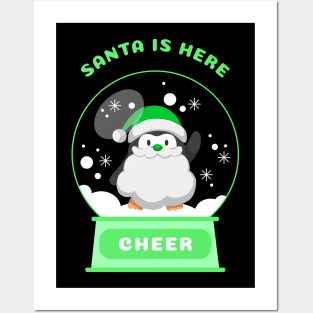 Santa Is Here Cheer Penguin (Green) Posters and Art